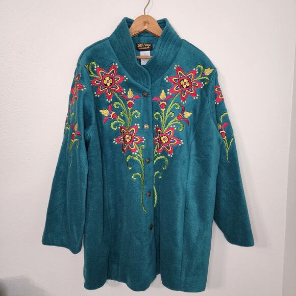 Bob Mackie Embroidered Fleece Jacket with Quilted Collar 2X Plus Size Teal Coat - Picture 1 of 9